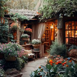 A cozy, rustic cafe that blends traditional and modern elements, set in a beautiful garden filled with flowers and shrubs. Image 3 of 4