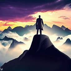 Create a stunning and enigmatic scene of Martin Luther King Jr. standing on a mountaintop, surrounded by the