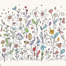 Draw a whimsical garden filled with flowers and vegetables, their stems and leaves gently waving in the breeze, surrounded by a profusion of different seeds scattered across the soil.. Image 3 of 4