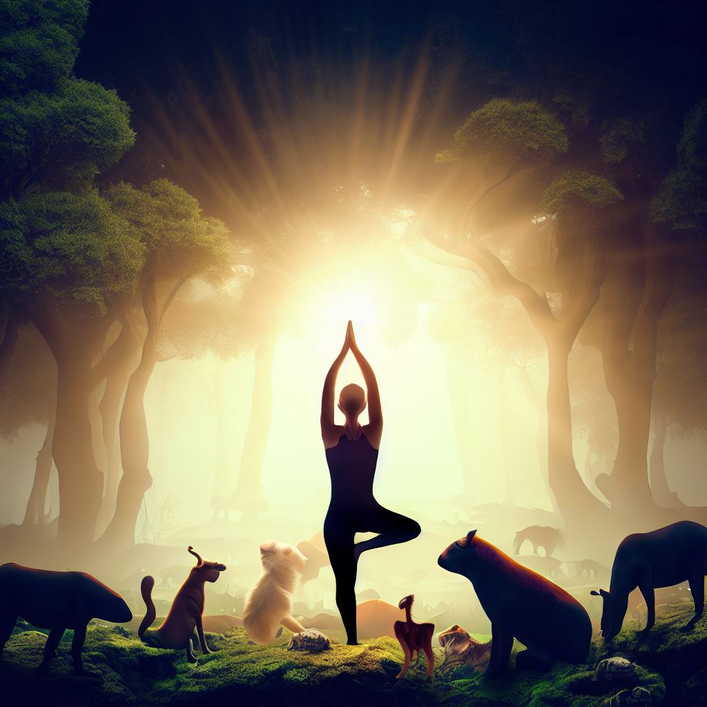 Create an image of a person doing a yoga pose in the forest surrounded by animals.