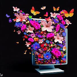 Create an image of a computer made entirely out of flowers and butterflies。第 4 个图像，共 4 个图像