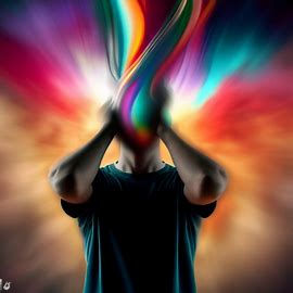 Create an image of a person holding their head with a headache causing a tornado of colors behind them.. Image 2 of 4