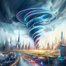 Draw a tornado merging with a beautiful cityscape, with towering skyscrapers and bustling streets.