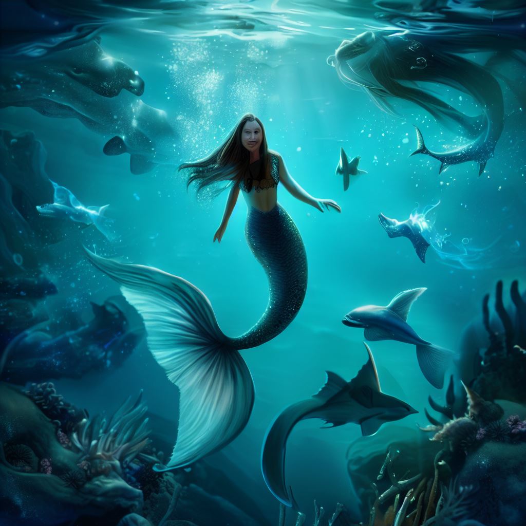 Imagine a world where underwater creatures live in a crystal clear ocean and a mermaid swims gracefully with them.