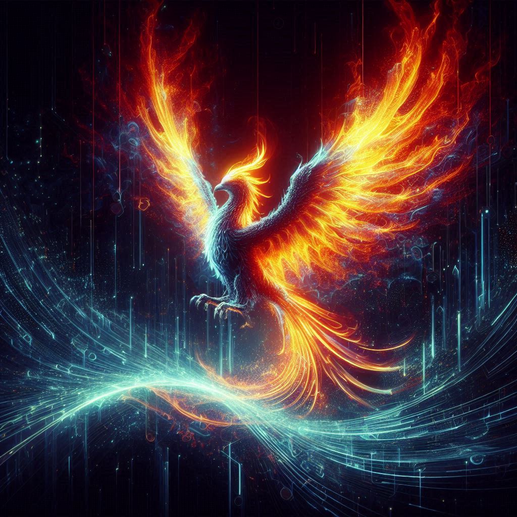 A majestic phoenix reborn from digital ashes in a blaze of holographic flames。第 2 个图像，共 2 个图像