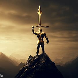 Create an image of a majestic, gold-plated spear held by a proud warrior standing atop a mountain.. Image 2 of 4