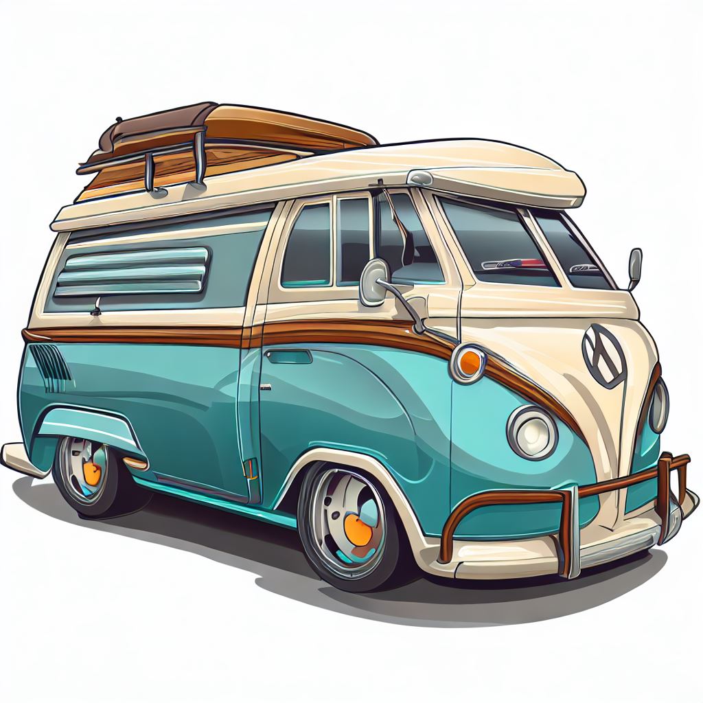 Design a classic van with modern twists and unique accessories.