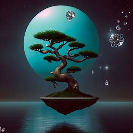 Design a surreal bonsai tree with a floating, diamond-studded moon in the background.. Image 3 of 4
