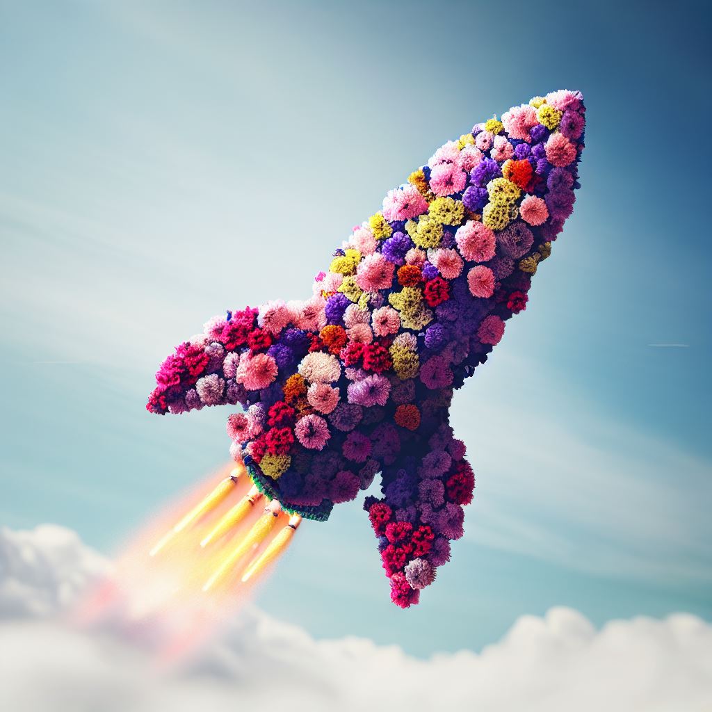 Imagine a rocket ship made entirely out of flowers, soaring through the sky.