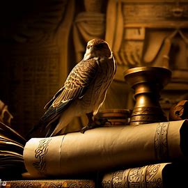 Picture a falcon perched atop a roll of parchment, surrounded by ancient Egyptian artifacts.. Image 3 of 4
