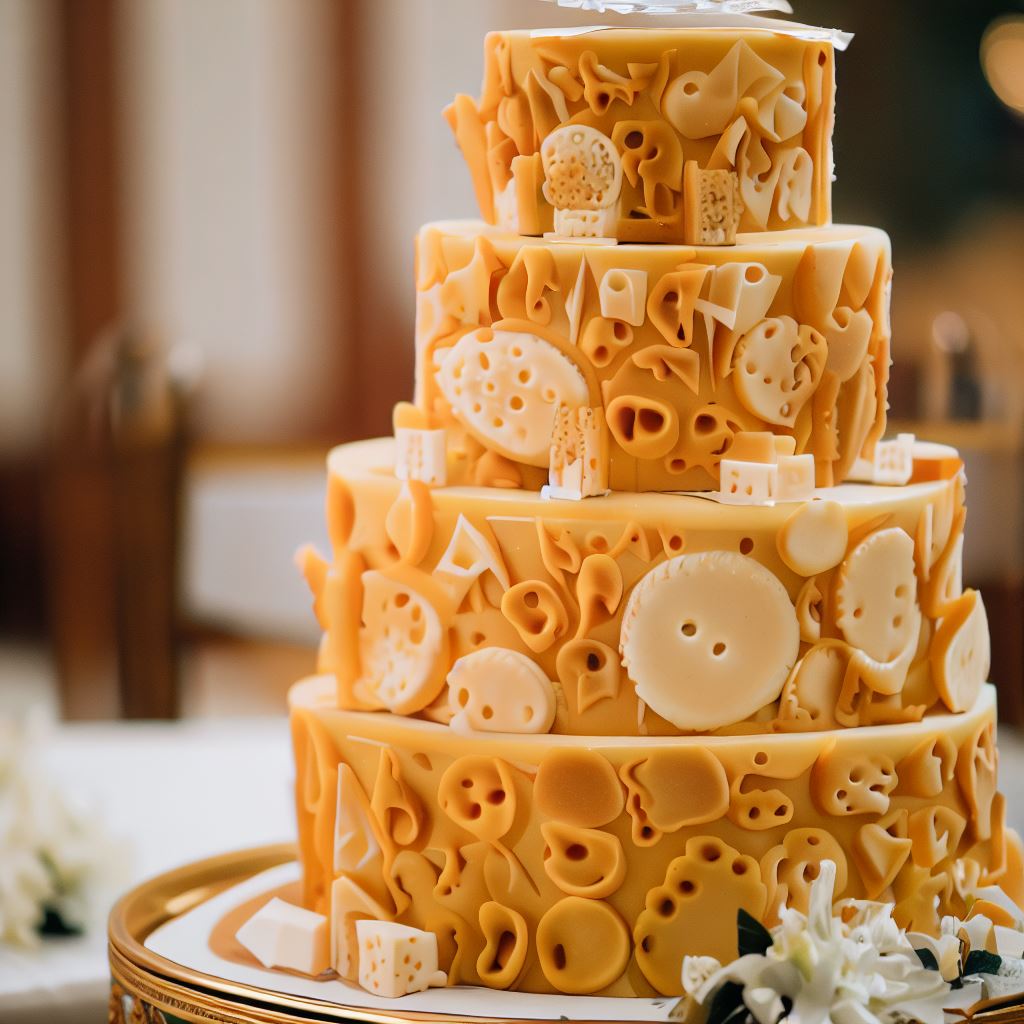 Picture a cheese-themed wedding cake, complete with intricate cheese decorations.