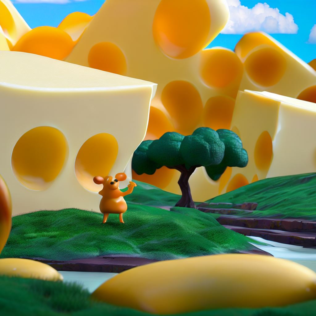 Invent a cheese-themed landscape, where cheese is the central focus of the environment.