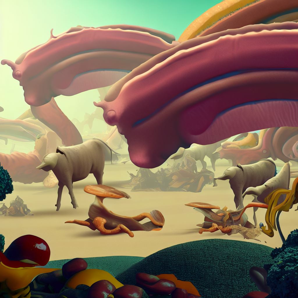 Create an image of a fantastical landscape filled with strange and exotic meats