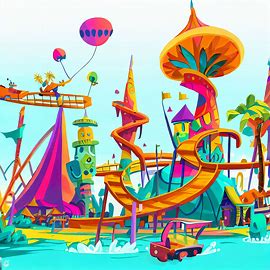 Design and illustrate a colorful and entertaining amusement park with an adventurous twist.. Image 1 of 4