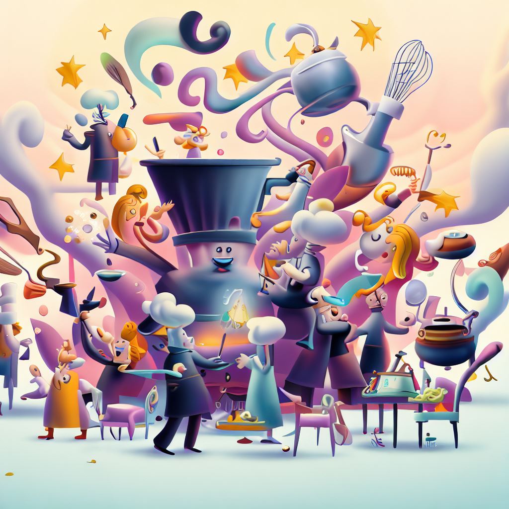 Depict a whimsical scene of a busy kitchen, filled with talking utensils, fancy chefs and magical ingredients that come to life and work together to create one unforgettable dish.