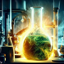 Create an image of a glass flask filled with sulfuric acid, surrounded by scientific equipment. Image 3 of 4