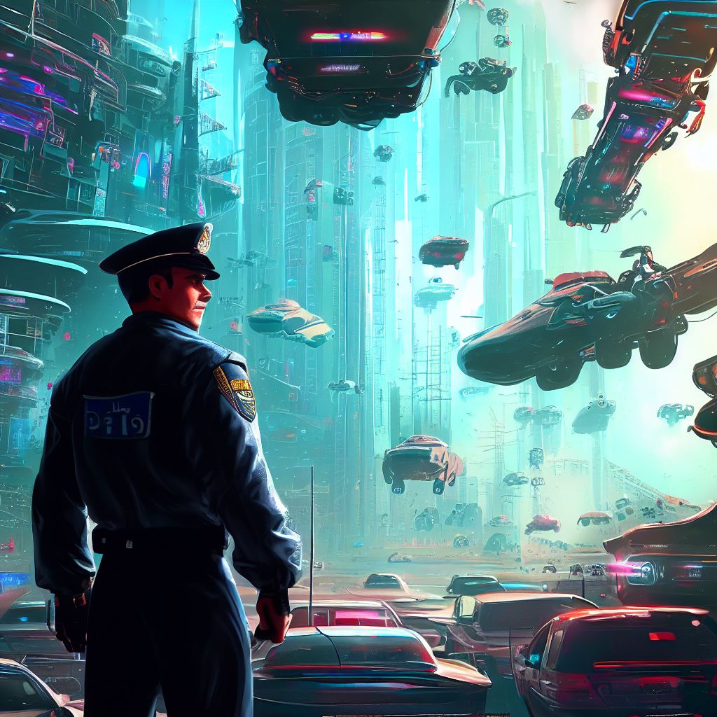 Picture a police officer in a vast, futuristic city filled with flying cars and robots.