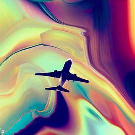 Generate an image of an aircraft flying through a colorful, abstract landscape.. Image 4 of 4