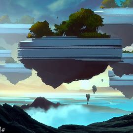 Design a dreamlike landscape with floating islands, each powered by a massive PC.. Image 1 of 4