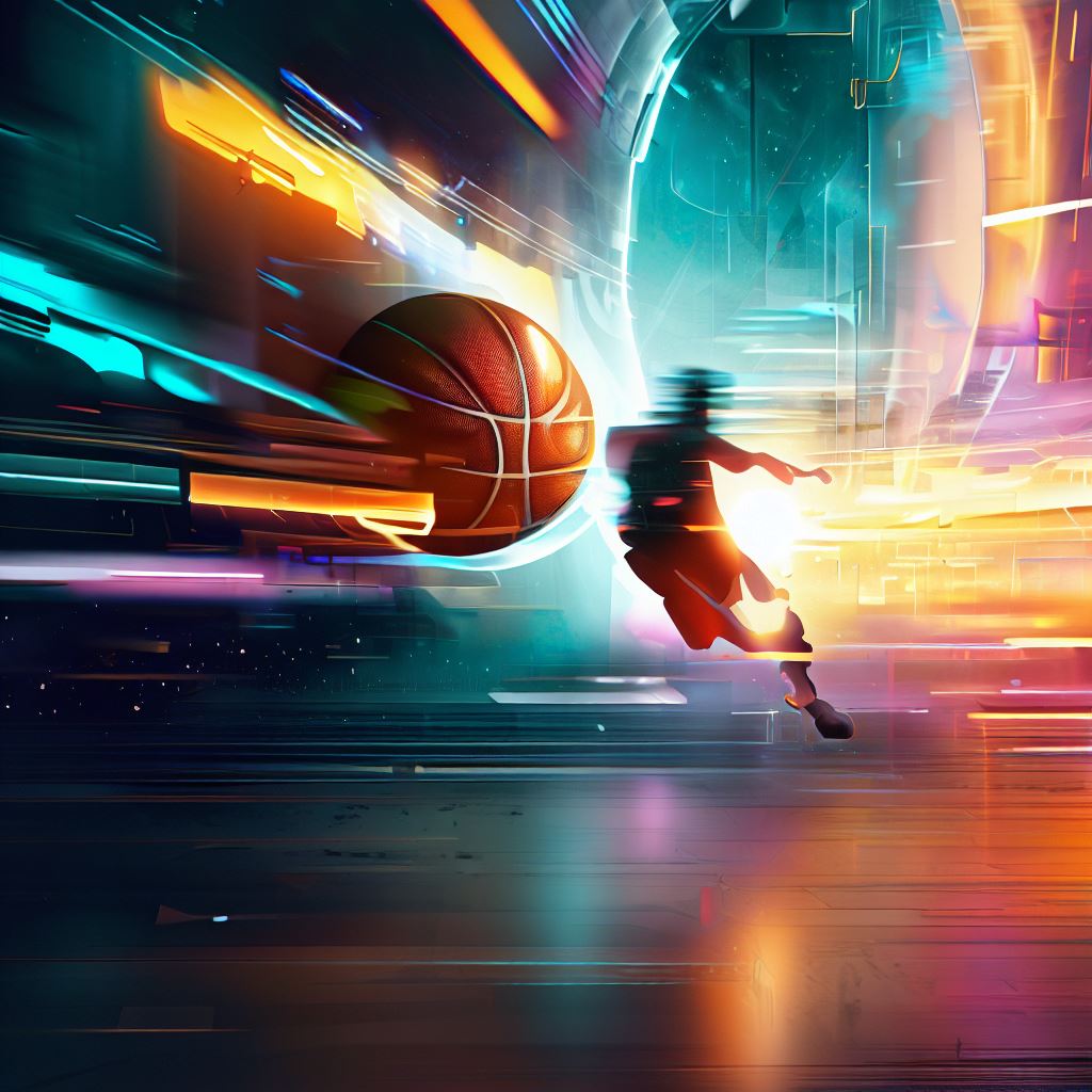 Create an abstract illustration of a basketball being dribbled through a futuristic cityscape.