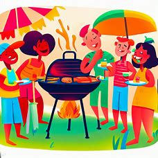 Illustrate a colorful, summer barbecue scene with smiling friends and family gathered together to enjoy delicious grilled food and drinks.