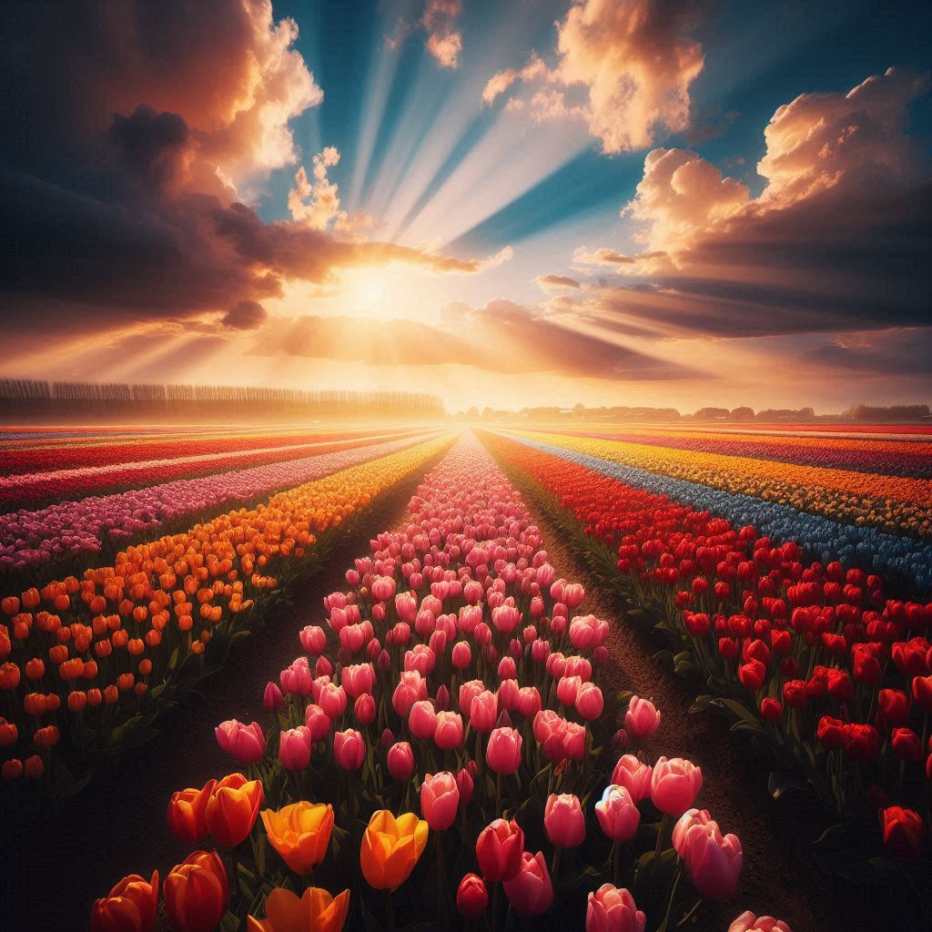 A field of tulips in different colors under a blue sky