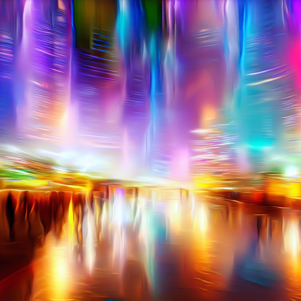 Create an artistic and bright photo of a city skyline with bustling people and lights reflecting on the river.