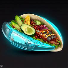 Picture a futuristic taco, with a sleek and stylish design, filled with various ingredients like rice, beans, avocado, and a variety of meat options.