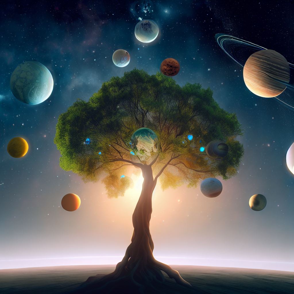 Visualize a tree that has the planets from our solar system hanging from its branches, representing the universe as a tree of life extending far beyond our planet.