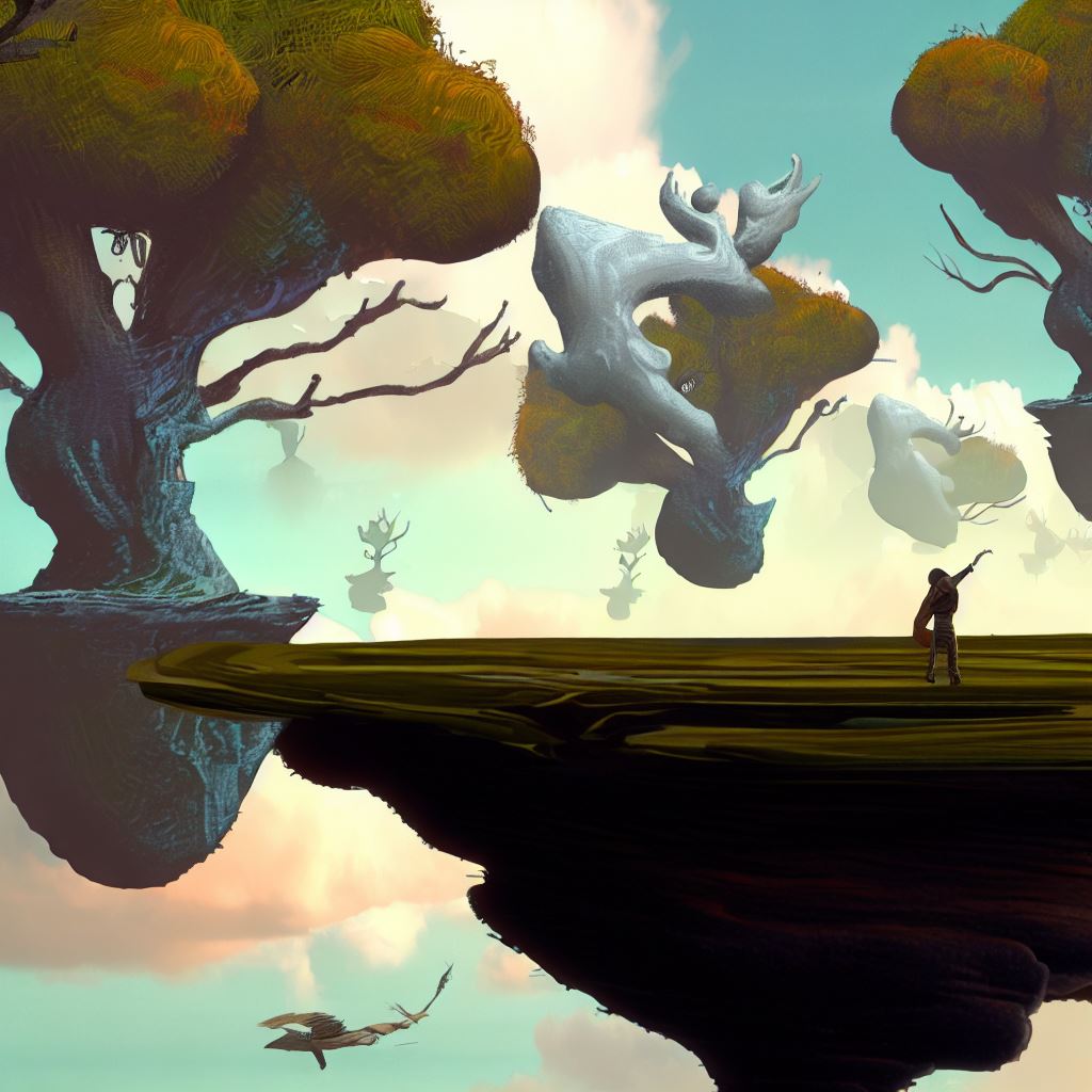 Create a surreal landscape of nature with floating islands, strange trees and creatures。第 2 个图像，共 4 个图像