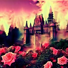 Generate an image of a rose castle with a rose garden in the foreground