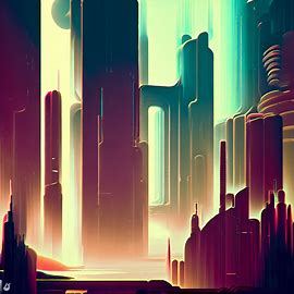 Illustrate a surrealist cityscape with towering skyscrapers and a futuristic feel.. Image 3 of 4