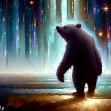 Conjure up a surreal painting that captures the powerful and mysterious presence of a bear walking through a towering and glittering cityscape.
