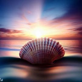 Create an image of a scallop shell with a beautiful ocean sunset in the background.. Image 4 of 4