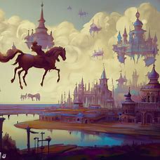 Draw me a fantastical scene in Moscow with floating palaces and flying horses.