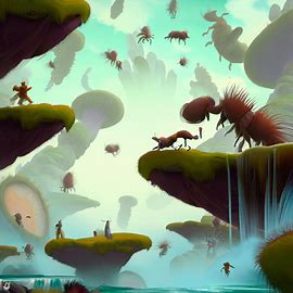 A surreal landscape depicting lice in a fantastical world, complete with floating islands, waterfalls, and whimsical creatures.. Image 2 of 4
