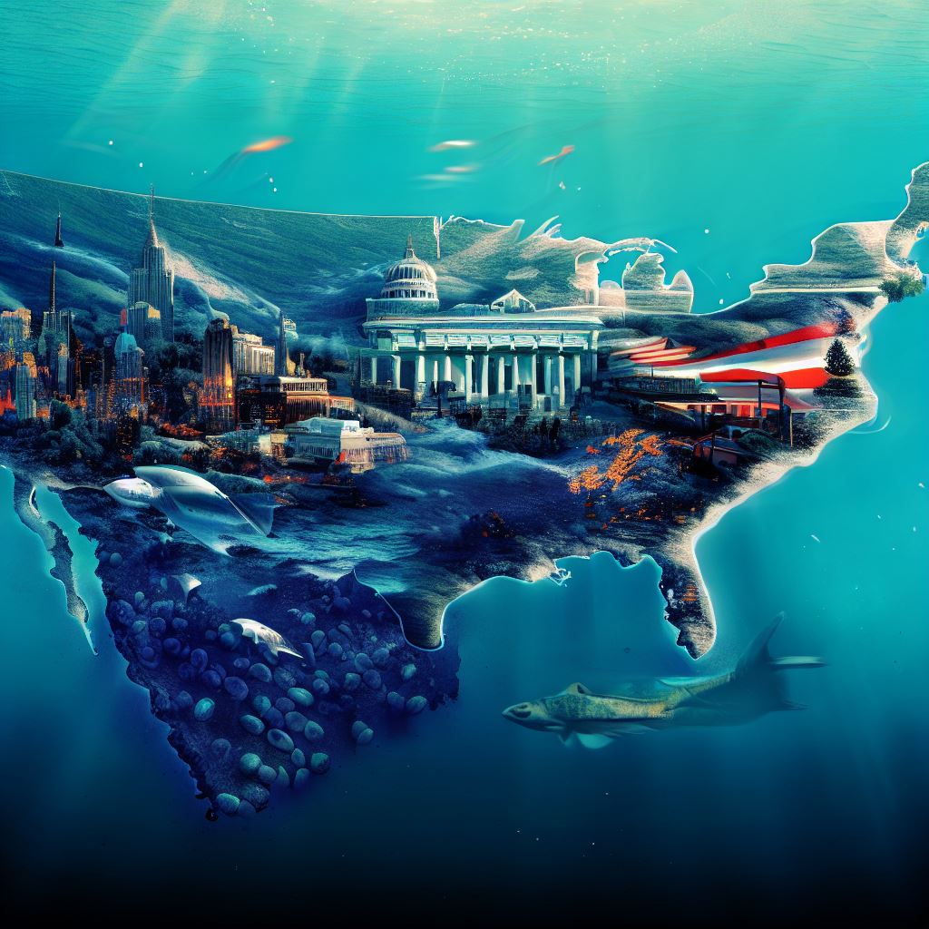 Visualize the United States as an underwater sea-world, capturing the coastlines and popular landmark attractions