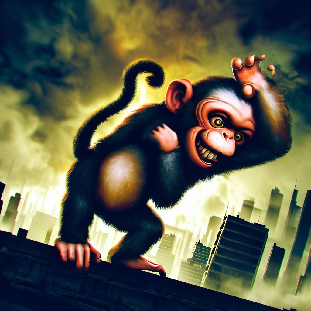 Create an image of a mischievous monkey causing hijinks in a cityscape.。第 1 个图像，共 4 个图像