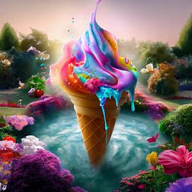 Create an image of a melting ice cream cone surrounded by a beautiful garden with a variety of flowers and a small fountain in the center.. Image 1 of 4