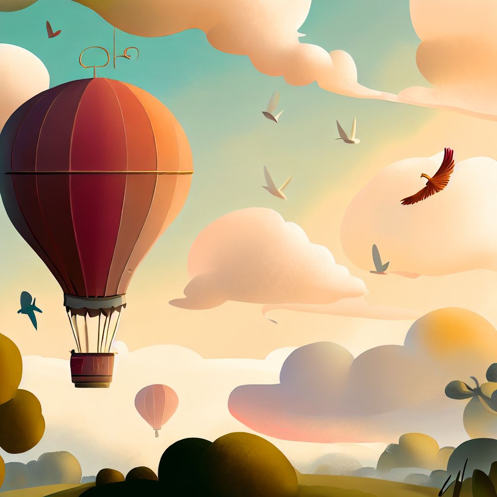 Illustrate a whimsical morning scene featuring floating clouds, birds and a hot air balloon.