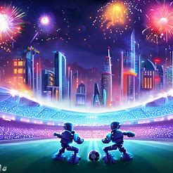 Illustrate a city skyline at night, showing a bright display of lights and fireworks, as two teams of robots face off in a high-stakes soccer match.