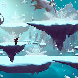 Design a surreal winter wonderland with floating islands, snowflakes, and magical creatures.. Image 2 of 4