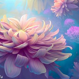 In a whimsical underwater world, design a majestic chrysanthemum with floating petals in various shades of pink, yellow, and purple.. Image 3 of 4
