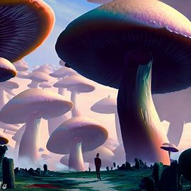 Construct a surrealist image of a dreamlike world filled with giant mushrooms and other magnificent forms of fungi.. Image 3 of 4