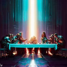 Create an artistic representation of the Last Supper in a futuristic setting.. Image 3 of 4
