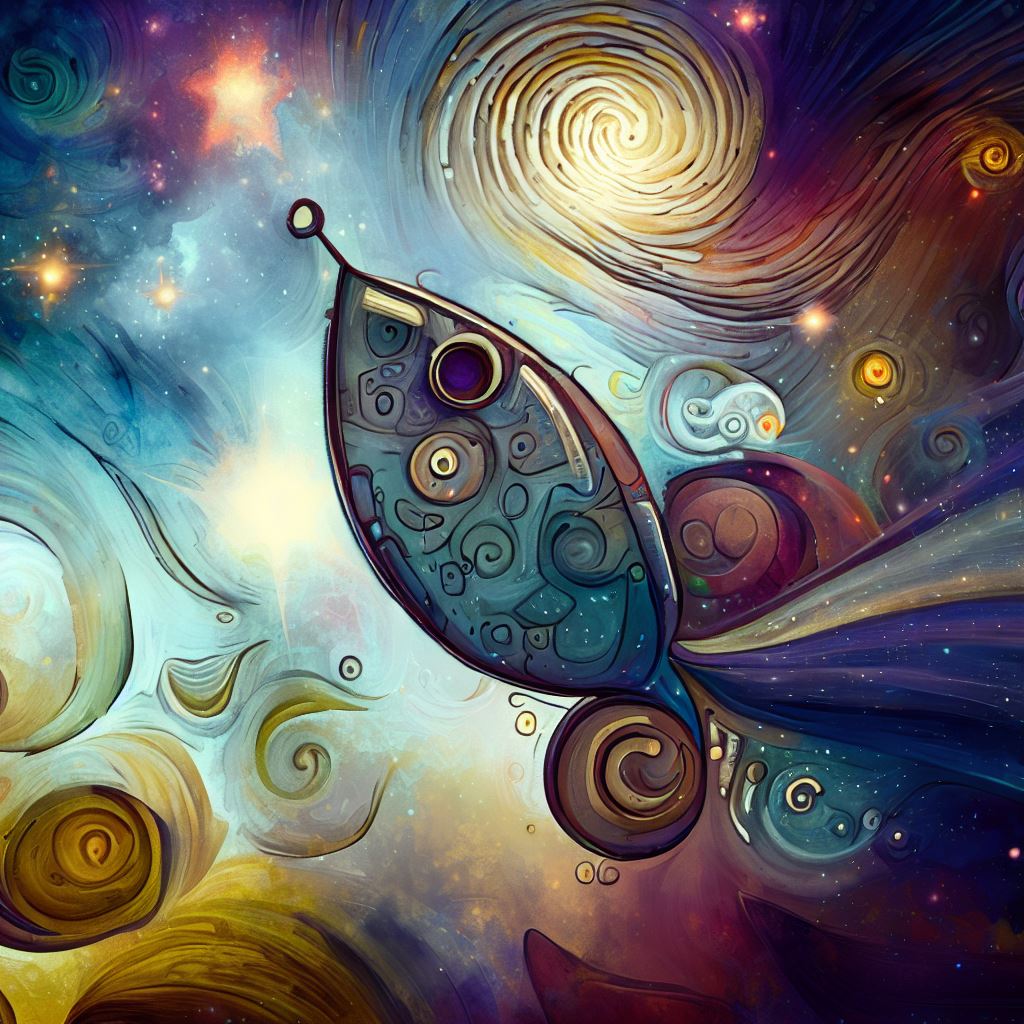 A whimsical depiction of a spacecraft exploring the beauty of the stars and the cosmos.
