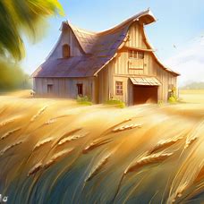 Draw a quaint, country barn surrounded by wheat fields swaying in the gentle breeze on a warm summer day.