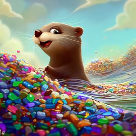 Picture a whimsical otter, swimming in a river filled with piles of colorful candy pieces.. Image 3 of 4