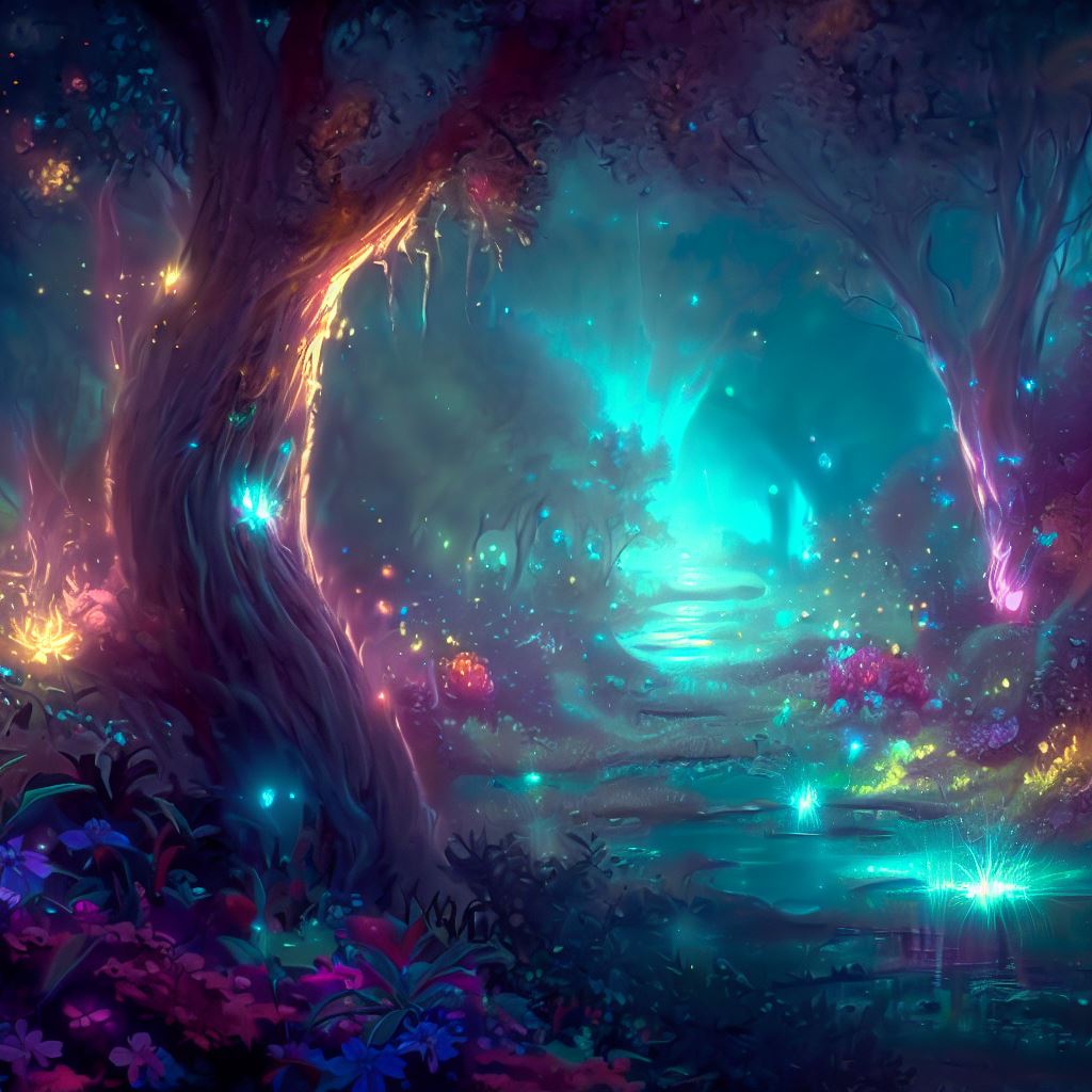 Design a nature wonderland where every tree, flower and creature glows with a magical aura