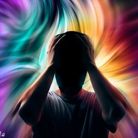 Create an image of a person holding their head with a headache causing a tornado of colors behind them.. Image 1 of 4